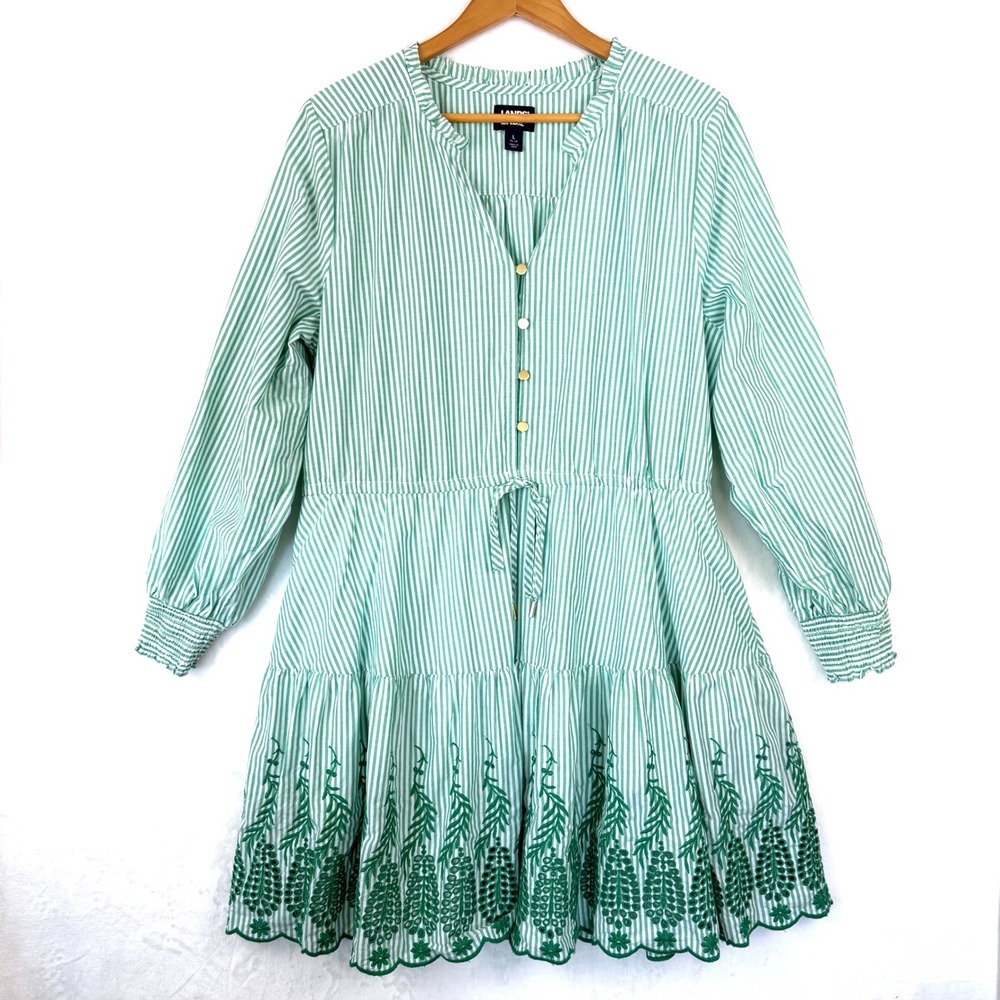 Lands End Womens Green White Striped Eyelet Embroidered Cotton Dress L 14-16